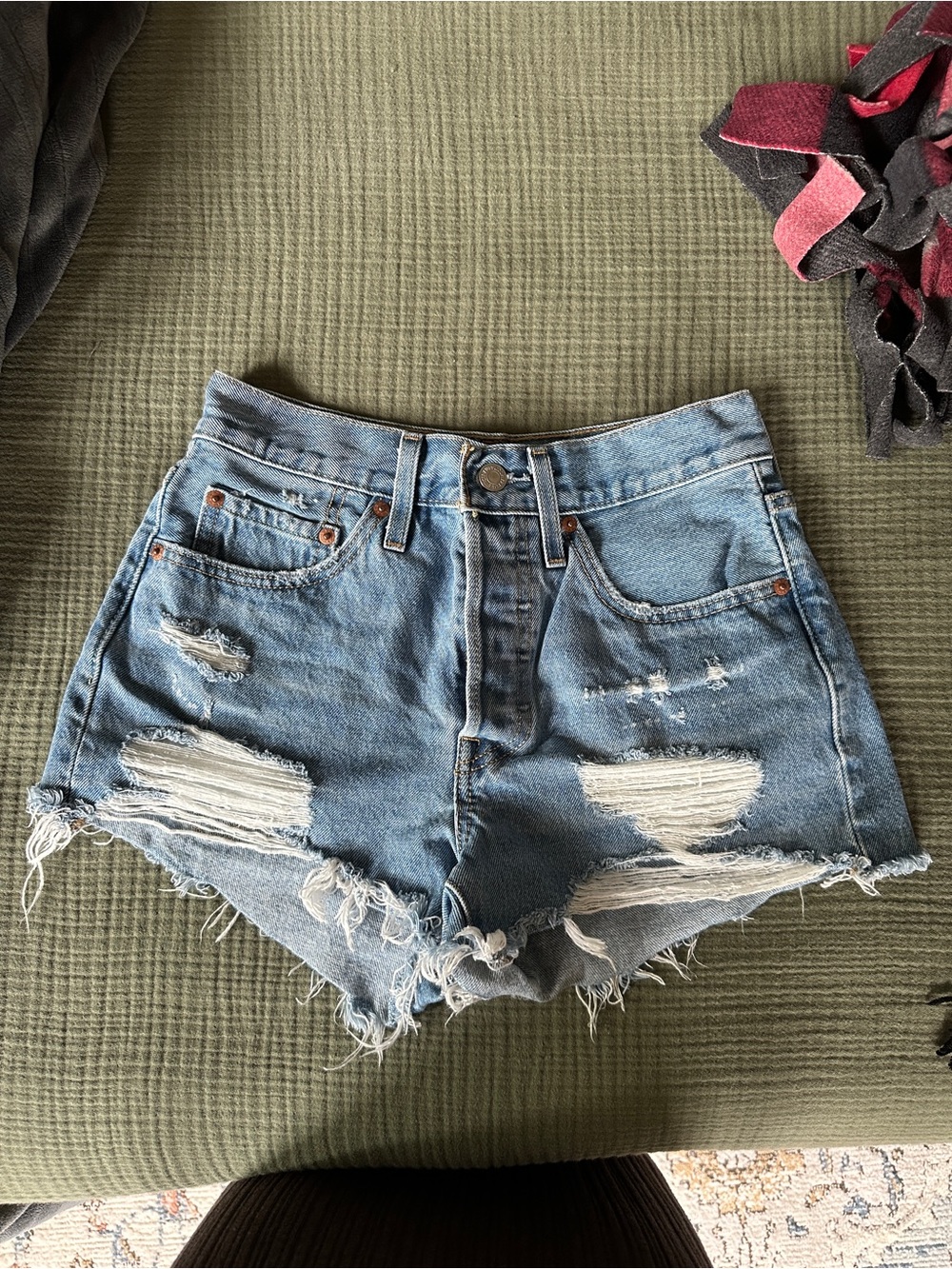 Light Blue Distressed High-Rise Denim Shorts - Women's